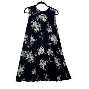 CYNTHIA ROWLEY Womens Large Sleeveless Floral Dress Black Ivory Blue Flowy